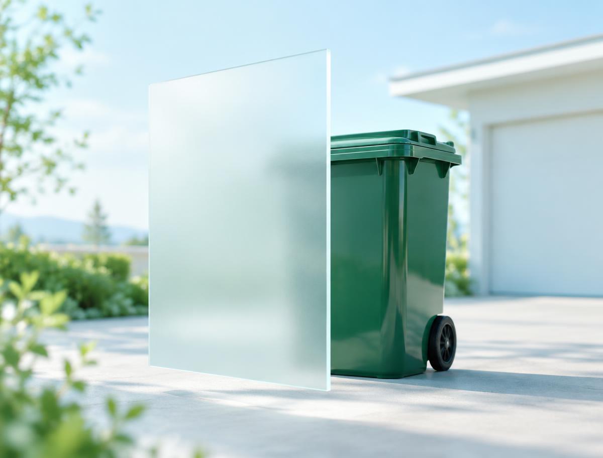 A frosted glass panel beside a gleaming clean trash bin on a sunlit driveway